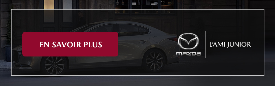 Bannière Mazda L’Ami Junior 2025 avec bouton « En savoir plus » invitant à découvrir la berline compacte