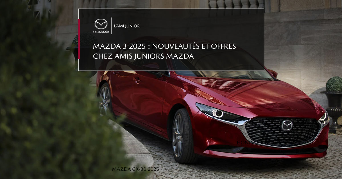 Image principale qui montre une mazda 3 2025 rouge.